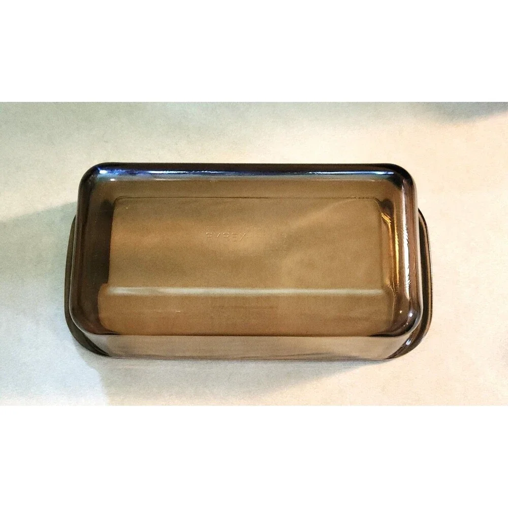 Vintage 80's Pyrex Amber Glass Loaf Pan  w/ Decorative Metal Carrier #213